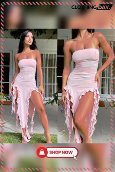 One-shoulder Tube Top Hip-wrapped Slim Dress Strapless Ruffle Dress, Bandeau Maxi Dress, Strapless Summer Dress, Club Party Dresses, Tube Top Dress, Foto Casual, Strapless Midi Dress, Fringe Dress, Spring Fashion Trends