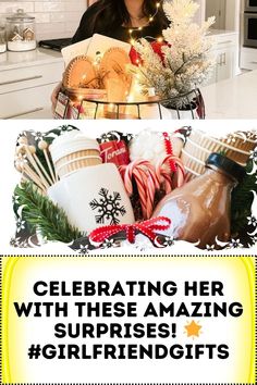 a woman holding a basket filled with christmas gifts in her hands and the words celebrating her with these amazing surprises