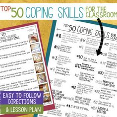 the top 50 coping skills for the classroom are shown in this set of three posters