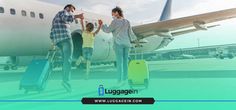 two women and a girl are standing in front of an airplane with their suitcases