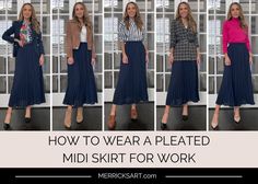 Midi Skirt Outfit For Work, What Shoes To Wear With Pleated Midi Skirt, Long Skirt Outfit For Work, Shoes For Midi Skirt, How To Style A Pleated Skirt Midi, Styling Pleated Midi Skirt, Long Skirt Professional Outfits, What To Wear With A Pleated Skirt