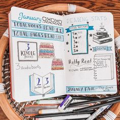 an open book sitting on top of a wooden table next to markers and pencils