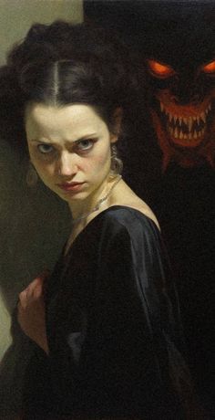 a painting of a woman with an evil face behind her and another demon in the background