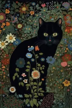 a black cat sitting on top of a field of flowers