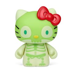 a green hello kitty skeleton toy with a red bow on it's head and eyes