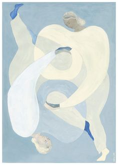 an abstract painting of two women in white and blue, with one holding the other's hand