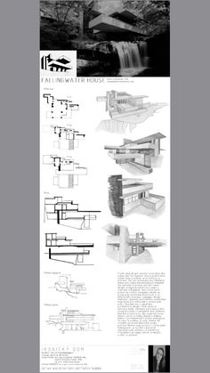 architectural drawings and plans for the falling waterfall house, designed by frank gerstach