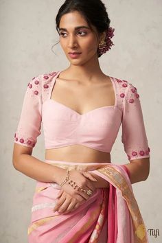 Light Pink Pure Georgette Hand-embroidered Blouse - Tilfi Bollywood Lehenga Outfit Ideas, Queen Anne Neckline Blouse, Stylish Blouse Design Stylish Blouse Design Unique, Blouse Designs For Georgette Sarees, Georgette Blouse Designs, Blouse Pattern Indian, Trendy Blouse Patterns, Floral Blouse Designs, Pink Saree Blouse