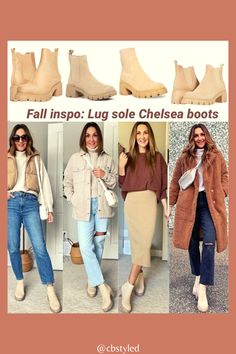 Luv Sole Boots Outfit, Bone Boots Outfits, Tan Lug Sole Boots, White Lug Sole Boots Outfit, Taupe Chelsea Boots Outfit, Tan Boot Outfits