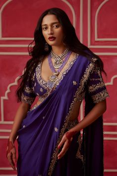 Purple silk chanderi attached pallu lehenga saree with marodi embroidered floral motifs, embellished with sequins. Comes with matching blouse. - Aza Fashions Elegant Pre-draped Saree With Tilla For Diwali, Elegant V-neck Choli With Cutdana, Elegant V-neck Traditional Wear With Pallu, V-neck Saree For Reception And Festivals, Traditional V-neck Saree For Diwali, Festive Pre-draped Saree With Tilla, Traditional V-neck Lehenga For Diwali, Traditional Pre-draped Tilla Saree For Festivals, Elegant Traditional Wear With Tilla Drape