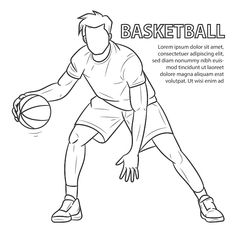 a basketball player dribbling the ball with his hand, outline drawing on white background