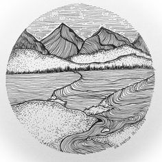 an ink drawing of mountains and water in a circle with the sun shining on them