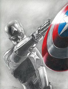 a drawing of captain america holding a shield