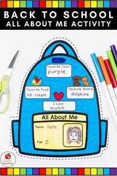 All About Me Back to School Activity for Kindergarten Students Getting To Know You Kindergarten Activities, Back To School Projects For Kindergarten, I Love My School Activities, Art Primary School Ideas, Get To Know You Activities Prek, School Ready Activities Preschool, Beginning Of The Year Activities For Preschool, I Can Activities For Kindergarten, All About Me Backpack Template