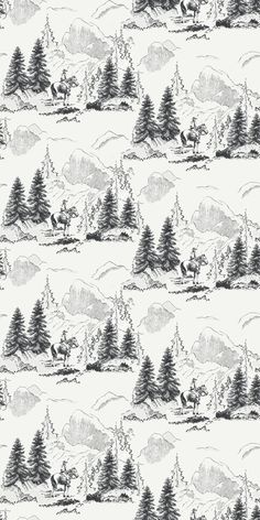 a black and white wallpaper with trees, mountains and deers on it's side