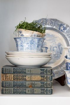 blue and white dishes stacked on top of each other in front of a stack of books