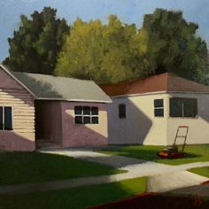 a painting of a house with a lawn mower