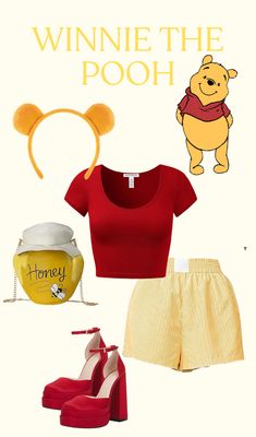 winnie the pooh outfit with red shoes and yellow shorts, including a t - shirt