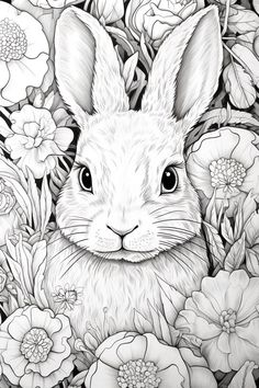 a black and white drawing of a rabbit surrounded by flowers