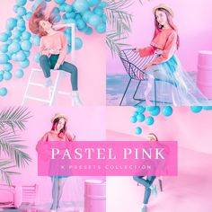 pastel pink presets collage with photoshopped women and balloons in the background