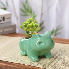 a small green rhino planter sitting on top of a table next to a box