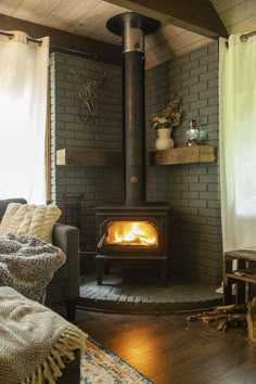 a wood burning stove in a living room