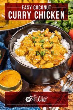 an easy coconut curry chicken recipe in a bowl with rice and garnishes