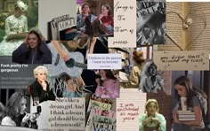 a collage of photos with words and pictures on them, including an image of a woman holding a guitar