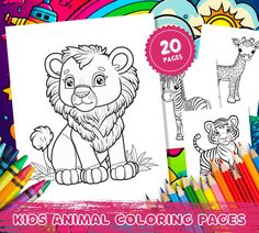 coloring pages for kids with animals and giraffes on the page in front of them