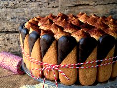 a bundt cake with chocolate frosting and candy canes on the top is sitting on a table