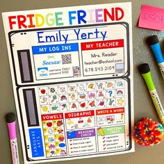 a fridge magnet with writing on it next to some markers and pencils for kids