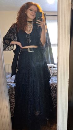 an outfit I wore when it was really hot the other day :D Witchy Modern Outfit, Dark Witchy Outfits Aesthetic, Fall Clubbing Outfits, Gothic Grandma Aesthetic, Modest Gothic Fashion, Spring Witchy Outfit, Witchy Thanksgiving Outfit, Gothic Witchy Outfits, Goth Hippy Aesthetic