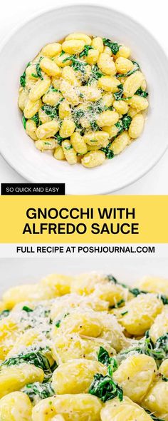 gnocchi with alfredo sauce and spinach in a white bowl on a yellow background