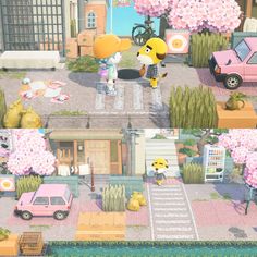 an animal crossing the street in front of a pink car and some buildings with flowers on it