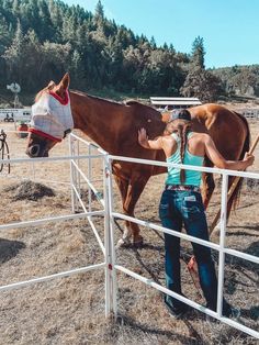 a woman standing next to a brown horse in a pen with another horse behind it