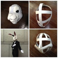 four different images of paper mache masks and bunny ears, one is made out of duct tape