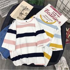 Women Casual Striped Shirt – Tomscloth Trendy Long Sleeve T-shirt For Summer, Trendy Half-sleeve Spring T-shirt, Multicolor Half Sleeve T-shirt For Summer, Trendy Striped Crew Neck Top, Oversized Multicolor Short Sleeve Top, Multicolor Oversized Short Sleeve Tops, White Half Sleeve Top For Summer, White Half Sleeve Top For Spring, Trendy Striped Crew Neck Shirt