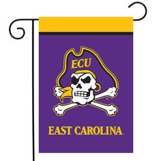 the east carolina flag with a skull and cross bones on it is hanging from a metal pole