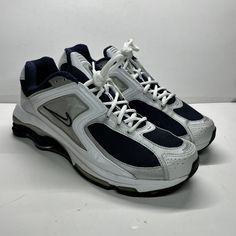 Shoes are in like new condition. Has some sock fuzzies from being tried on. Box has some wear and some writing on it. See pictures for details. Nike Shox, Shoes Blue, Athletic Sneakers, Blue Shoes, Blue And Silver, Size 13, Like New, Socks, Nike