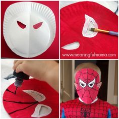 the paper plate spiderman is being made into a costume for kids to play with