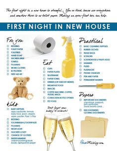 the first night in new house checklist includes champagne, toiletries and teddy bear