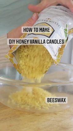 a person pouring honey vanilla candles into a bowl with the words beeswax on it