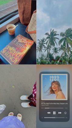 the collage shows people sitting and standing around in front of palm trees, an old book on a blue table