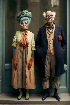 an old man and woman standing next to each other in front of a building door