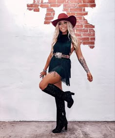 Black Hat Cowgirl Outfit, Jessica Simpson Fringe Boots Outfit, Cowgirl Dinner Outfit, Cowboy Boots And Bling Party Outfit, Fringe Country Outfits, Black Dress Western Boots Outfit, Birthday Country Outfit, Black Sparkly Cowgirl Outfit, Black Stagecoach Outfit