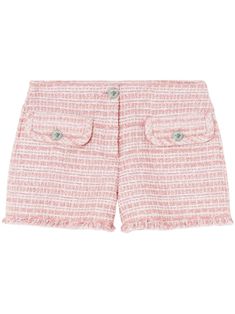 light pink tweed Medusa Head motif frayed edge front button fastening two front flap pockets thigh-length Versace Shorts, Tweed Shorts, Pink Tweed, Medusa Head, Versace Outfit, City Dress, Future Fashion, Summer Beach Wear, Mini Shorts