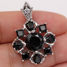 Beautiful Classic Luxury Design Hollow Flower Black Onyx Zircon Necklace Pendant 18k White Gold Filled With Large Sparkling Round, Princess Cut Square + Water Drop Pear Shape Black Onyx Simulated Diamond Topaz Zircon Gemstones + Clear White Round Gemstone On Design Bail. Top Quality, High Polished Shine, Brand New, Never Been Worn. Lead, Nickel Free. This Gorgeous Pendant Sparkles. Perfect Jewelry Gift For Any Special Occasion, Wedding Anniversary Banquet Dating Birthday Promise Prom Dance Holid Cat Eye Necklace, Brown Beaded Necklace, Filigree Pendant Necklace, 20 Inch Necklace, Prom Dance, Zircon Necklace, Green Beaded Necklace, Statement Collar Necklace, Chakra Necklace