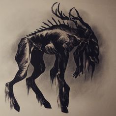 a black and white drawing of an animal with long horns on it's back