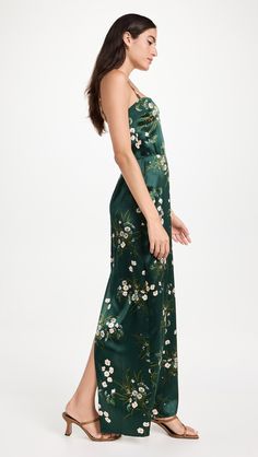 Reformation Frankie Silk Dress | Shopbop Spring Satin Maxi Dress With Square Neck, Spring Square Neck Satin Maxi Dress, Elegant Green Floral Print Slip Dress, Spring Silk Slip Dress With Straight Neckline, Frankie Silk Dress, Silk Charmeuse Dress, Reformation Clothing, Charmeuse Dress, Reformation Dress