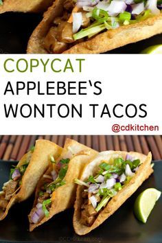 two tacos on a black plate with the title copycat applebee's wonton tacos